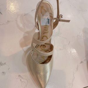 Sam Edelman gold fabric metallic ankle strap mules